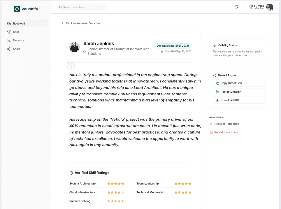 A received Voush detail view showing a verified endorsement with skill ratings